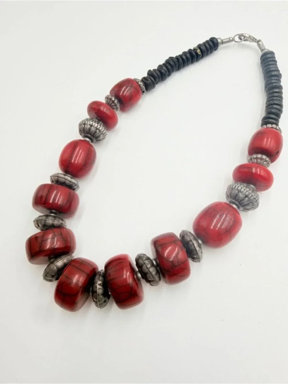 Vintage Red Marbled Statement Necklace with Black Wood & Silver Tone Beads